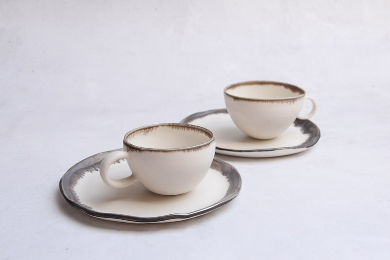 Porcelain tea/coffee cup, bronze gold white, handmade wheel thrown, minimal image 1
