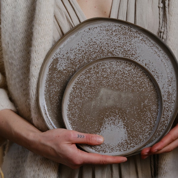Dinner Set (4 plates) - NorthernLights organic natural shape stoneware, minimalist monochrome handcrafted handmade pottery
