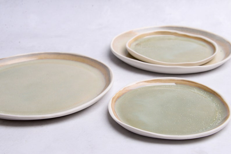 Pearl Green porcelain plates and bowls, dinner set, organic natural shape, minimalist mermaid handcrafted handmade pottery image 8