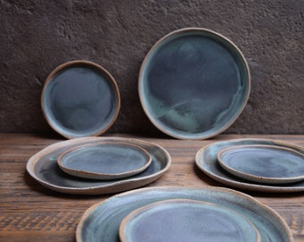 Turquoise "LAGOON" plates and bowls, Dinner set, stoneware matte, handmade handcrafted