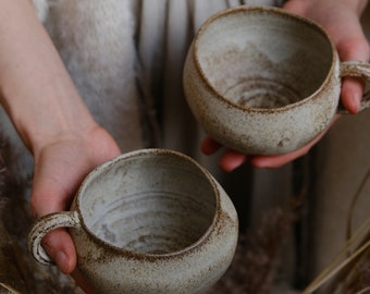 Mug Earthling - "Home" - organic natural stoneware beige, minimalist monochrome handmade wheel