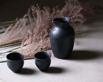 Sake set- minimal stoneware matte black glaze, monochrome handmade wheelthrown pottery