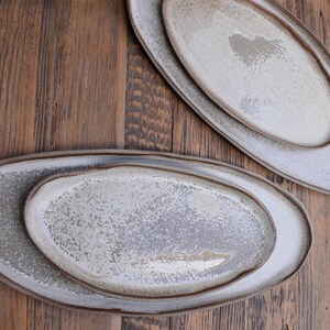 Organic natural shape elongated stoneware plates in grey cream, minimalist monochrome handcrafted handmade pottery image 6