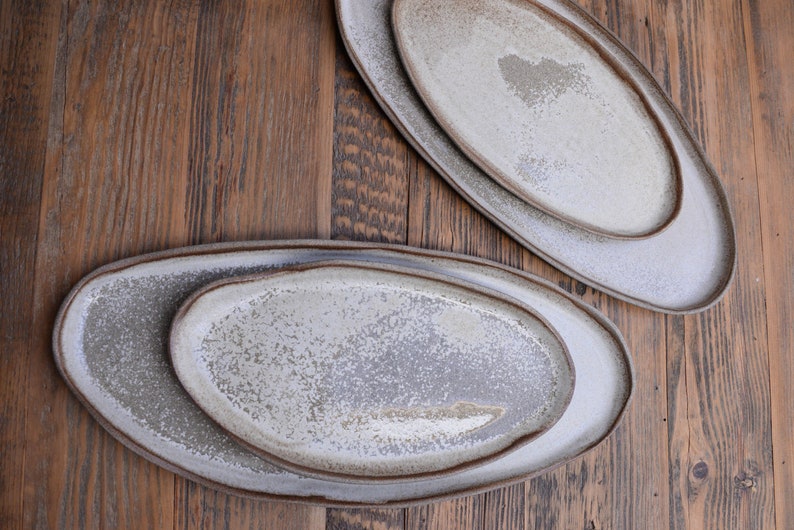 Organic natural shape elongated stoneware plates in grey cream, minimalist monochrome handcrafted handmade pottery image 6