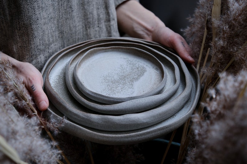 Dune dinner set organic natural shape stoneware plates in grey cream, minimalist monochrome handcrafted handmade wheel thrown pottery image 2