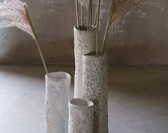 MoonTree CYLINDER  lava crater glaze flower vase , classic minimalist monochrome handcrafted handmade wheel thrown pottery