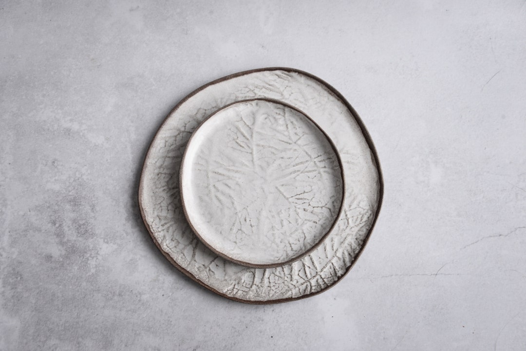 White Leaf Plates and Bowls, Dinner Set Organic Natural Shape Stoneware