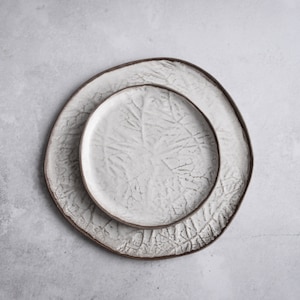 White Leaf- plates and bowls, dinner set-  organic natural shape stoneware plates, minimalist monochrome handmade pottery matte glossy
