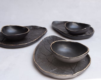 BLACK Leaf plate gold edge, stoneware saucer cake plate, handmade handcrafted minimal nordic monochrome