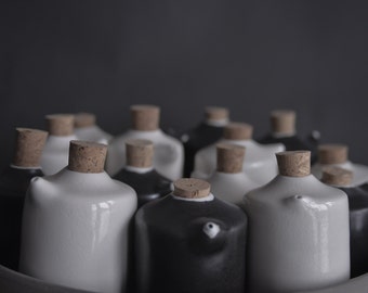 salt and pepper shakers , handmade wheel thrown porcelain, minimal nordic natural monochrome, black and white matte