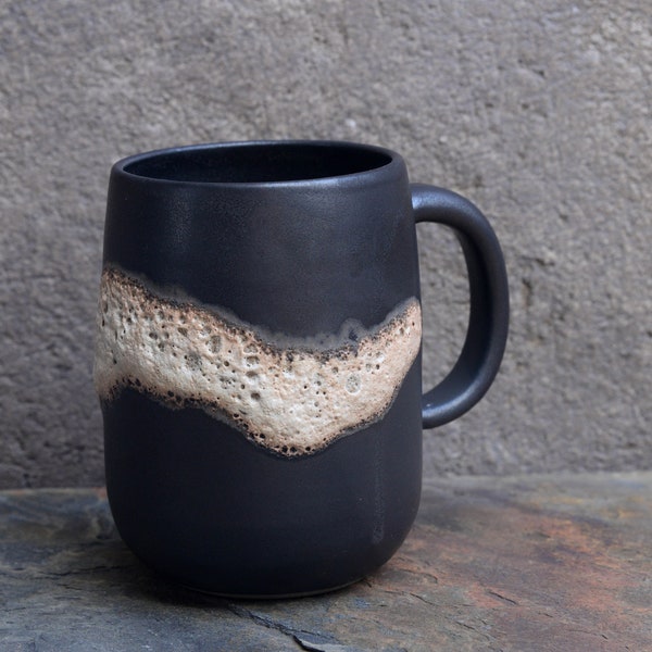 Black River mug with handle - minimal stoneware with crater glaze, monochrome handmade wheelthrown pottery