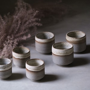 Puede incluir: Seis pequeñas tazas de cerámica gris con un borde blanco y detalles marrones. Las tazas están dispuestas en semicírculo sobre una superficie gris.