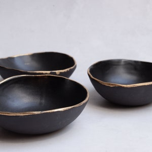 BLACK and GOLD bowl, handmade, natural minimal nordic rustic monochrome black stoneware, soup breakfast bowl