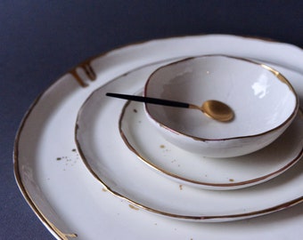 GOLD splash plate, Handmade handcrafted porcelain natural nordic rustic, dinner, salad side plate