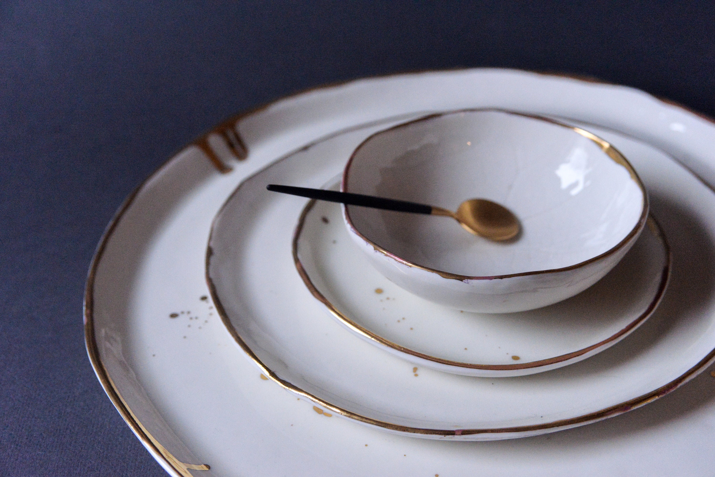 Assiette d'éclaboussures en Or, Porcelaine Artisanale Naturelle Nordique Rustique, Dîner, Assiette L