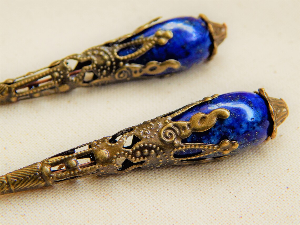 Boucles D'oreilles Lapis-lazuli Bleu Artisanales Népal - Créoles Gravées, Plaque Argentée