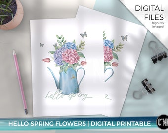 Hello Spring | Watering Can Printable | Flowers | Butterflies | Springtime Decor | Easter Watering Pitcher | Wildflower Spring Art | Digital