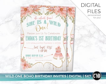 Wild One 1st Birthday Invitation | Boho Floral, Girl (Digital)