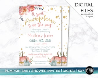 Little Pumpkin Baby Shower Invitation | Sweet Pumpkin Baby Shower Invites | Fall Autumn Girl Baby Shower Invite | Pink Gold Pumpkin Digital