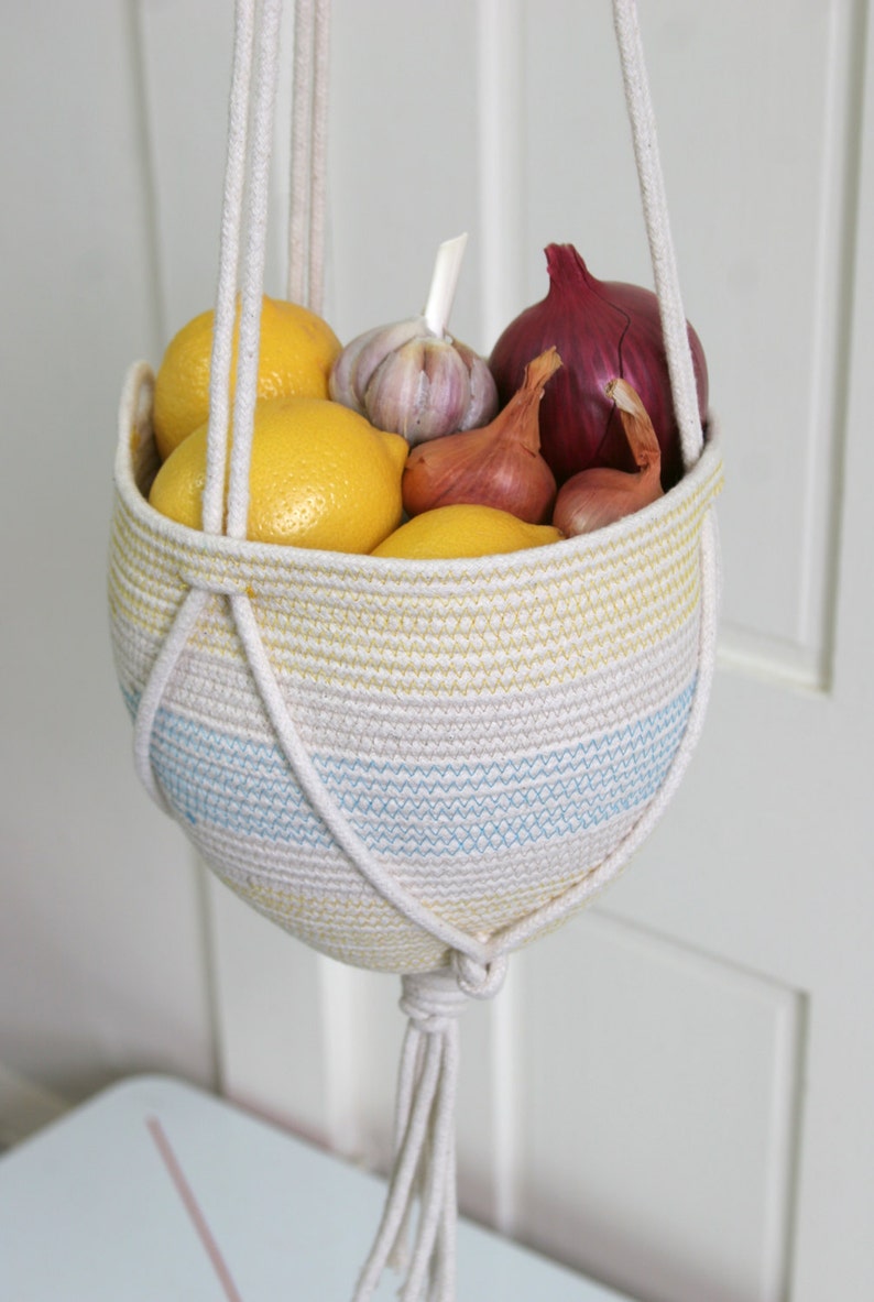Hand sewn coiled rope hanging basket toy storage or fruit Etsy