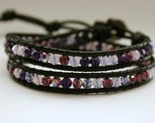 Purple Swarovski Crystal Double Leather Wrap Bracelet