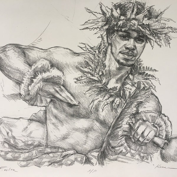 KEANU 24 x 18" Hawaiian Art Lithograph By Native Artist Douglas Pooloa Tolentino of Hawaiian Male Hula Dancer With Uliuli a Gourd Rattle