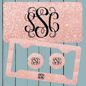 Rose Gold GLITTER(NOT actual glitter) License Plate-Monogram Car Tag, Vine Font, Front License Plate Personalized Plate, Car Coaster