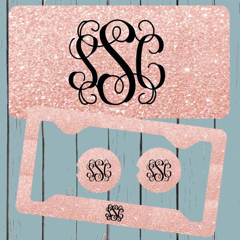 Rose Gold GLITTERNOT actual glitter License Plate-Monogram Car Tag, Vine Font, Front License Plate Personalized Plate, Car Coaster image 1