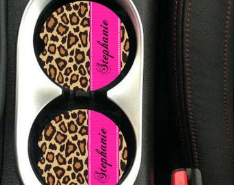 Monogrammed Car Coaster, Cheetah Print, Pink boarder Cup Holder Coasters, car coaster, Personalized car Coaster, Gift, Party Gift