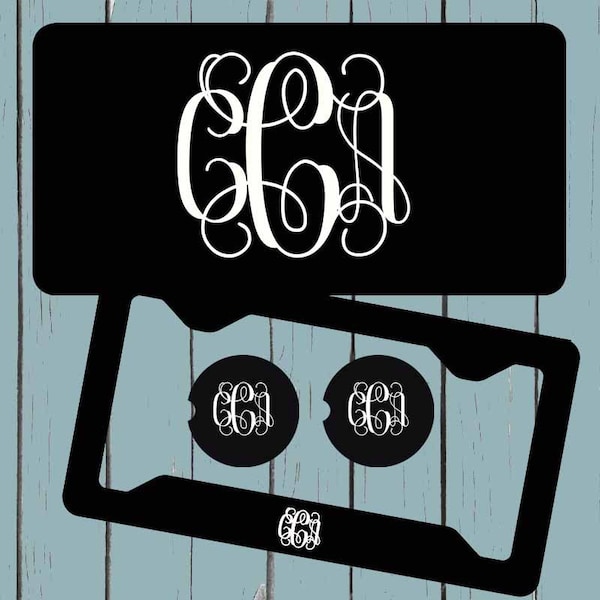 Black License Plate-Monogram Car Tag, Vine Font, Front License Plate Personalized Plate, Car Coaster, White lettering