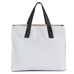 White Crosshatch Leather, Black Embossed Snake and Blush Patent Pebble Leather Colorblock Crossbody Hologram Tote Bag