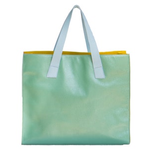 Mint Green Patent Pebble Leather , Yellow & Sky Blue Colorblock Crossbody Hologram Tote Bag