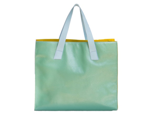 Pale blue cheap patent handbag