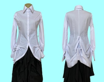 Pirate blouse, Shirt with tail, White cotton blouse, Pirate shirt, Victorian blouse, Goth blouse, 80s blouse, Vintage style blouse women