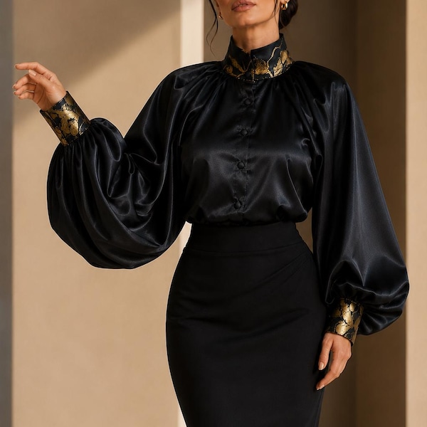 Black Satin Blouse with Brocade Collar, Bishop Sleeve Blouse, Victorian Satin Shirt, High Neck Button Up Blouse, Elegant Formal Top