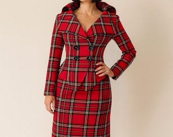 Handmade Red Tartan Suit: Fitted Plaid Jacket & Pencil Skirt