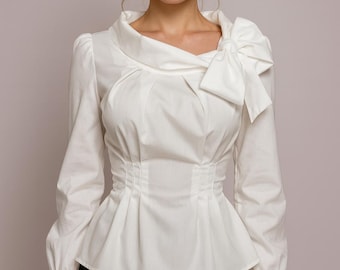 Blusa elegante para mujer con lazo: camisa de oficina de manga larga, elegante top blanco y negro para el trabajo y ocasiones especiales.