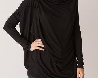 Womens Black Asymmetric Cotton Casual Extravagant Top Tunic Blouse