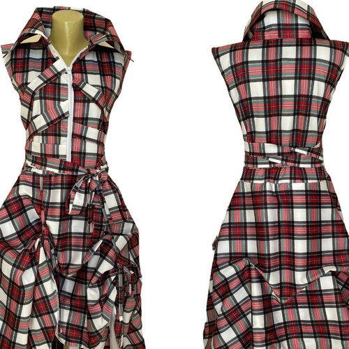 White Plaid Tartan shops Steampunk dress, Burlesque Dress, Vivienne Westwood style dress,Grunge White dress, Asymmetrical Hitched Party Dress