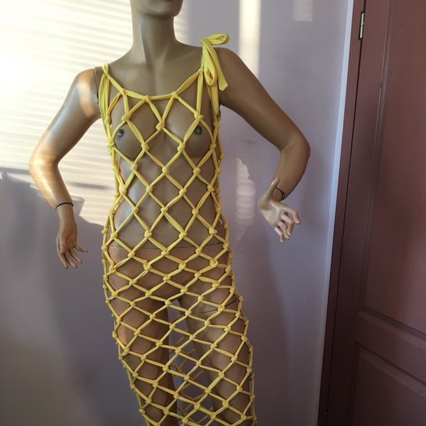 Yellow  fishnet Mesh Top,Fishnet dress,Netted Women Tops ,Go Go Dance Club Wear Rave,Black stretched cover up dress