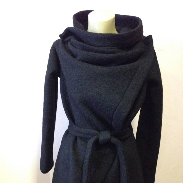 Manteau en laine noir carré wrap - cardigan asymétrique Wrap surdimensionné /Cowl cou