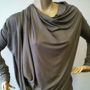 Asymmetrical Top/Cotton casual/Extravagant Long Sleeves/ Top in brown color