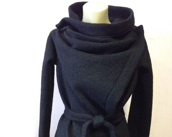 Black wool square wrap coat - cardigan /Cowl Neck asymmetrical Oversized Wrap