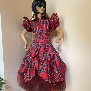 Red Plaid Tartan Burlesque Cocktail Taffeta dress, Flare Dress, Evening Dress, Extravagant Dress, Avant Garde Clothing, Prom, Party Dress