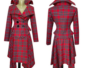 Red Tartan checked Royal Stewart tailored suit, Womens plaid jacket, Plaid lady blazer, Plaid asymmetrical skirt in Westwood style