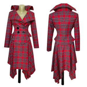 Red Tartan checked Royal Stewart tailored suit, Womens plaid jacket, Plaid lady blazer, Plaid asymmetrical skirt in Westwood style