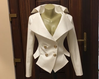 Women's White Jacket, Fitted Blazer, White cotton  Tailored Blazer,Steampunk White  Jacket,Goth Blazer,Black party Jacket