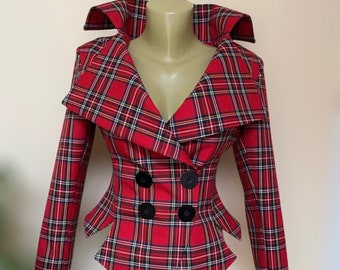 Red Tartan checked Royal Stewart tailored jacket/vintage style plaid jacket// Checked steampunk lady blazer