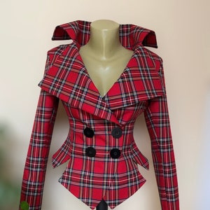 Red Tartan checked Royal Stewart tailored jacket/vintage style plaid jacket// Checked steampunk lady blazer