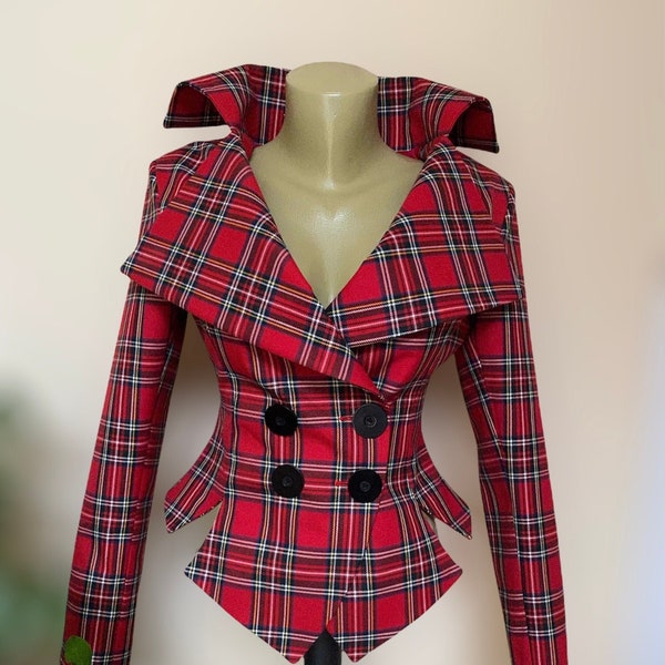 Tartan rouge à carreaux Royal Stewart veste sur mesure/veste à carreaux de style vintage// Blazer dame steampunk à carreaux